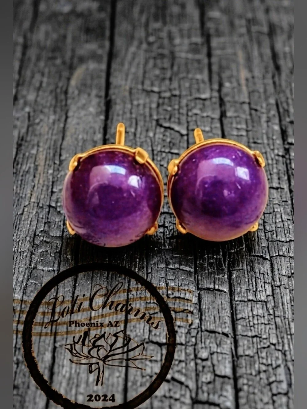 Purple Jade Stud Earrings In 18K Gold Plated